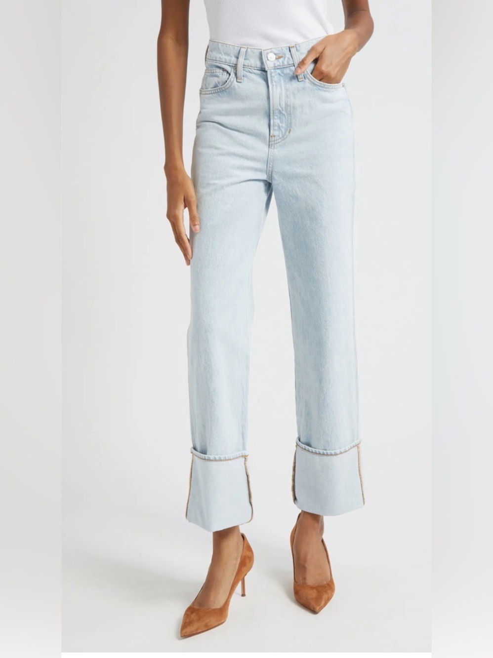 Veronica Beard Dylan Washed Light Blue Cuffed Straight-Leg Jeans 26